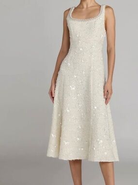 IEENA FOR MAC DUGGAL  Ivory Embellished Boucle Sleeveless A-Line Midi Dress-SIZE